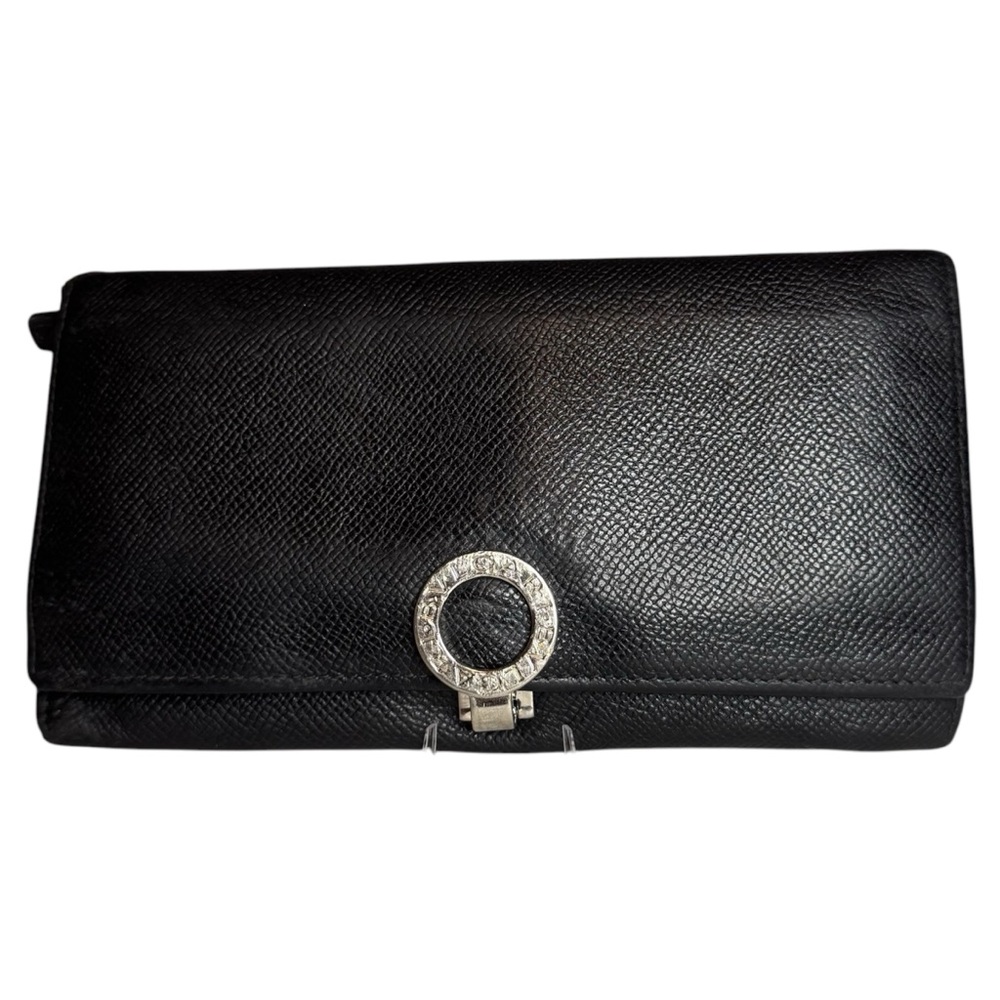 BVLGARI Black Leather Long Continental Wallet with Silver Toned Clasp